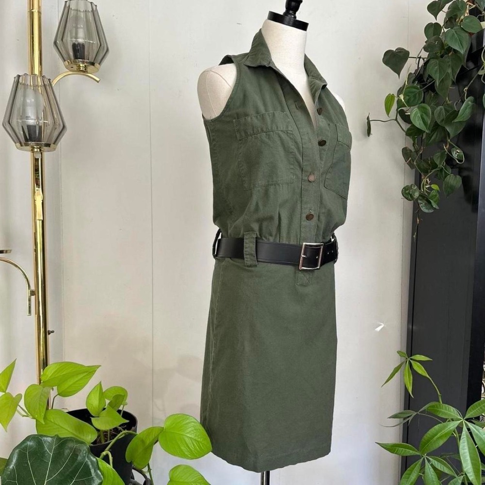 Vintage Contempo Casuals 80s Khaki Green Military Utility Sleeveless Dress XS